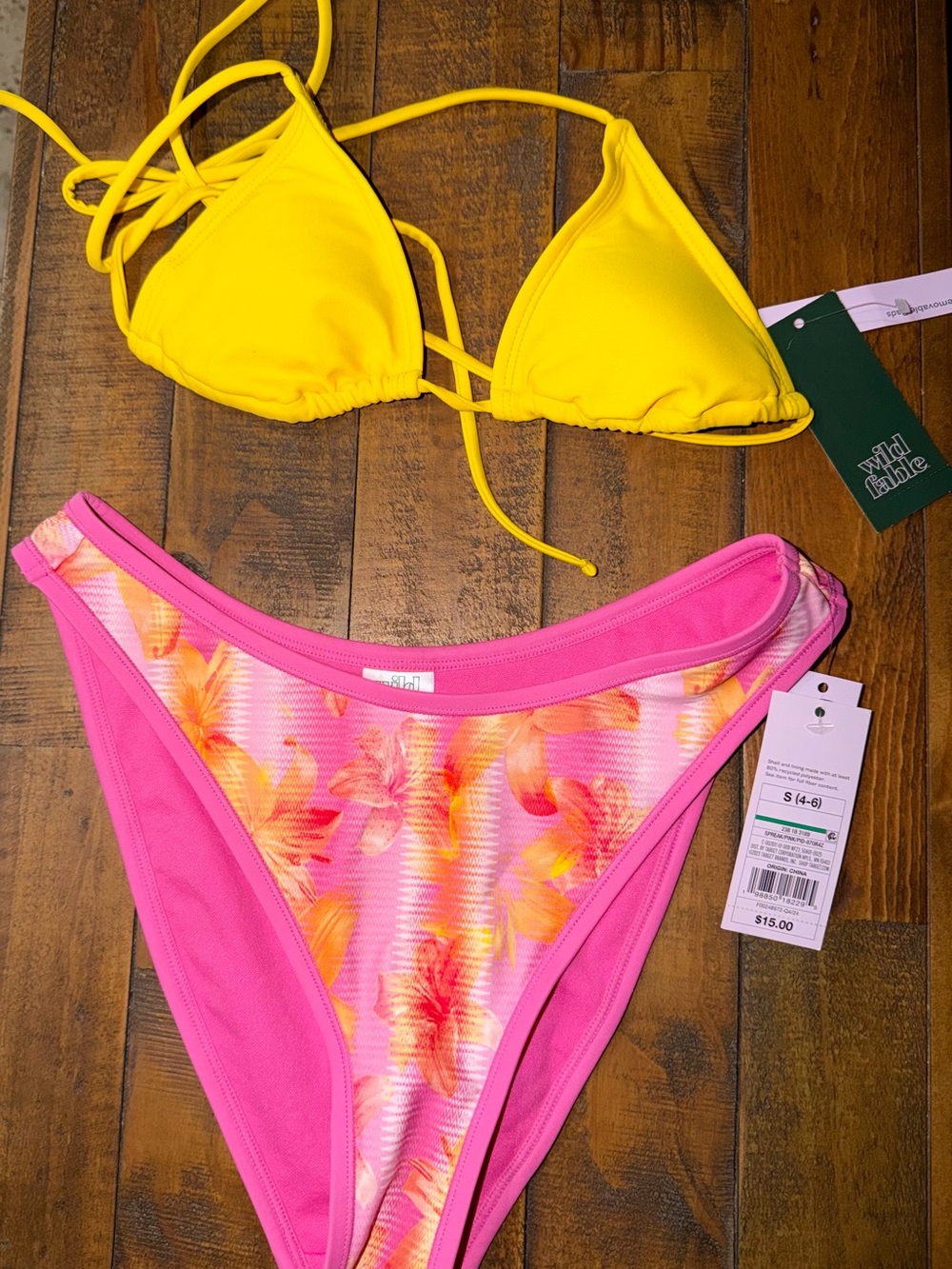 wild fable Yellow Triangle Bikini Top with Pink Floral High-Cut Bottoms
